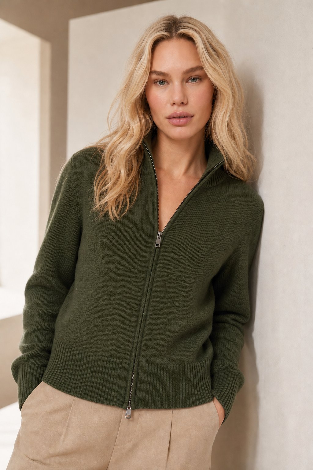 Orla | Stand Collar Two Way Zip Wool Knit Cardigan