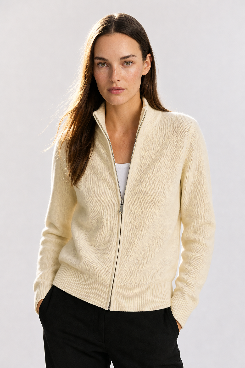 Orla | Stand Collar Two Way Zip Wool Knit Cardigan - View 7