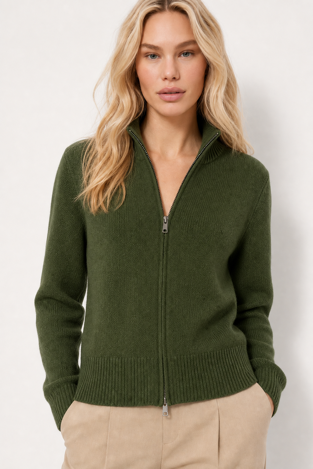 Orla | Stand Collar Two Way Zip Wool Knit Cardigan - View 8