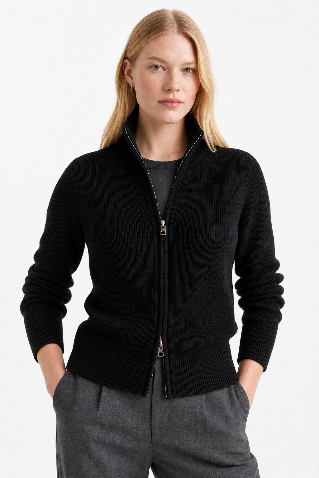 Orla | Stand Collar Two Way Zip Wool Knit Cardigan - View 9