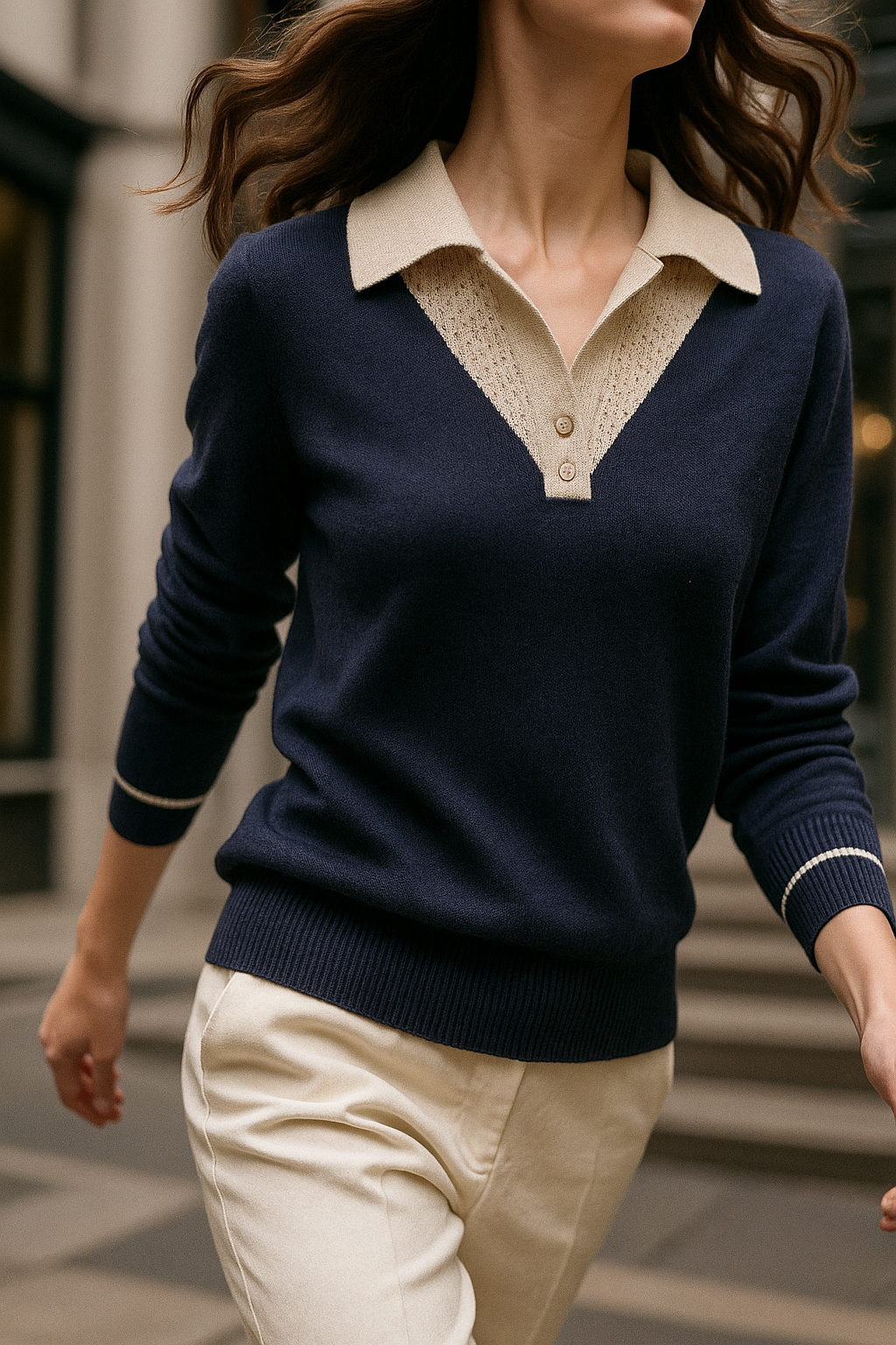 Ottoline | Contrast Collar Tipped Merino Wool Polo Sweater - View 16