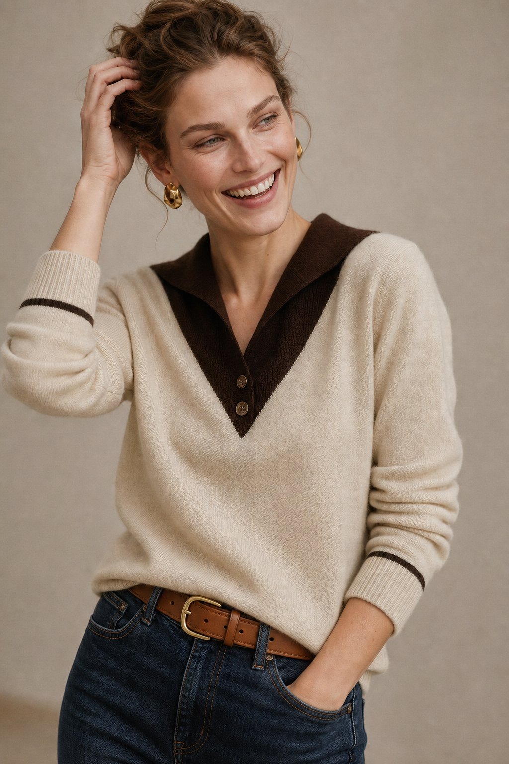 Ottoline | Contrast Collar Tipped Merino Wool Polo Sweater - View 5