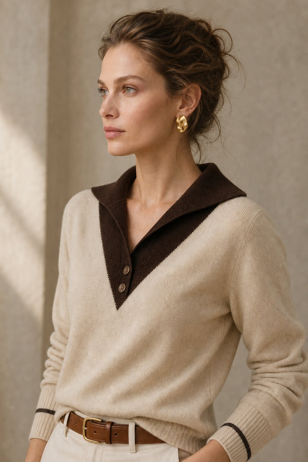 Ottoline | Contrast Collar Tipped Merino Wool Polo Sweater - View 6
