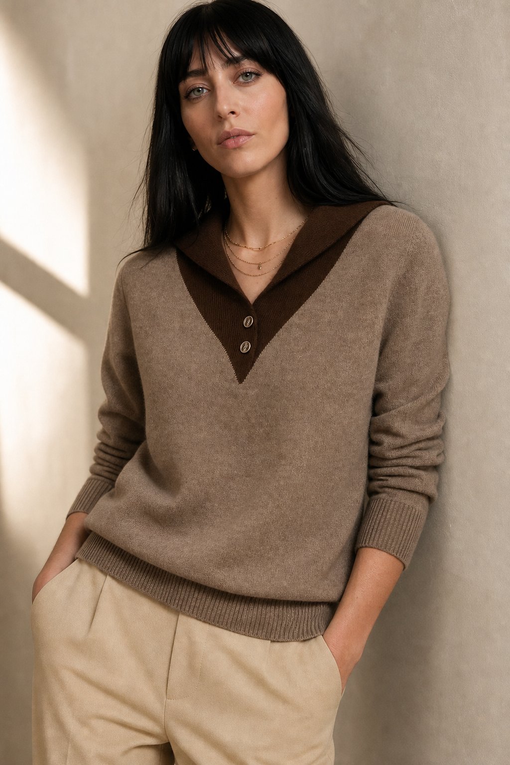 Ottoline | Contrast Collar Tipped Merino Wool Polo Sweater - View 8