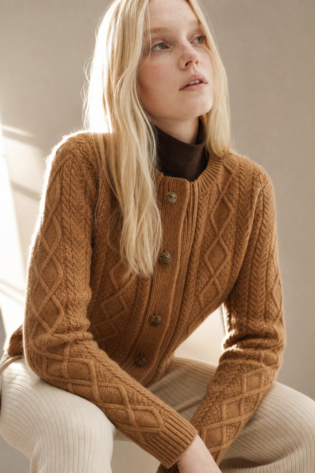 Perrine | Aran Diamond Cable Knit Button Front Cardigan
