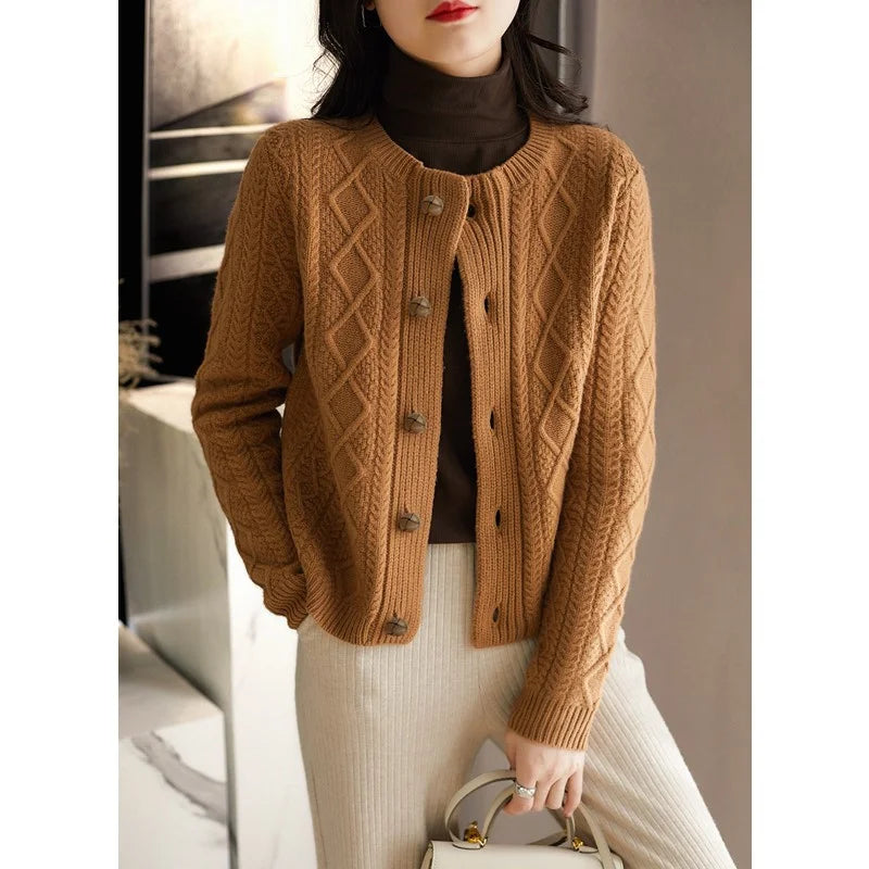 Perrine | Aran Diamond Cable Knit Button Front Cardigan - View 13