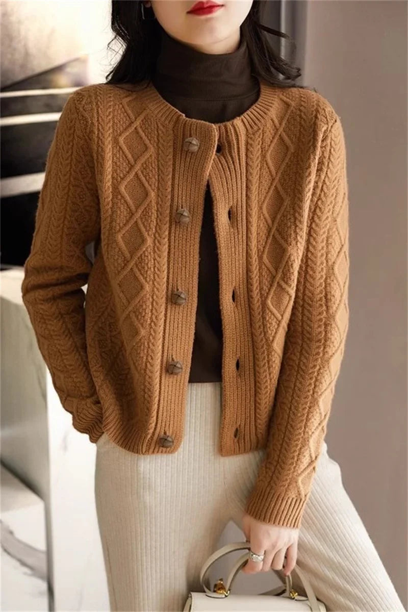Perrine | Aran Diamond Cable Knit Button Front Cardigan - View 14