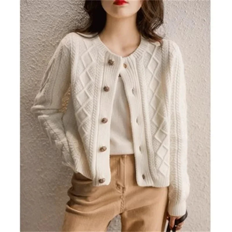 Perrine | Aran Diamond Cable Knit Button Front Cardigan - View 17