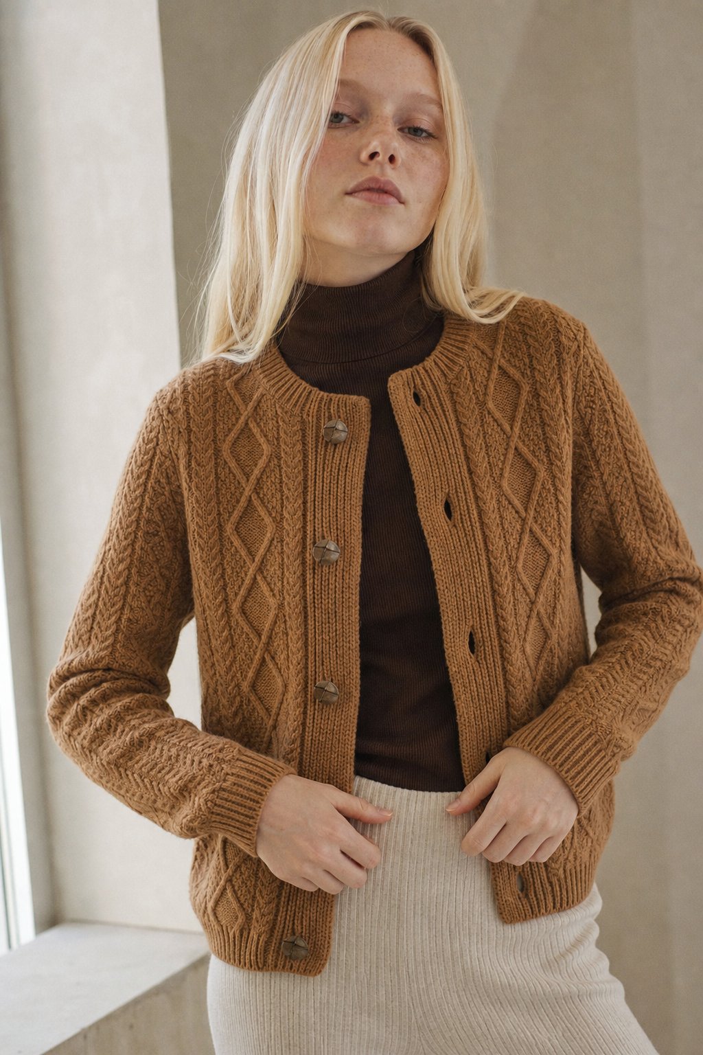 Perrine | Aran Diamond Cable Knit Button Front Cardigan - View 2