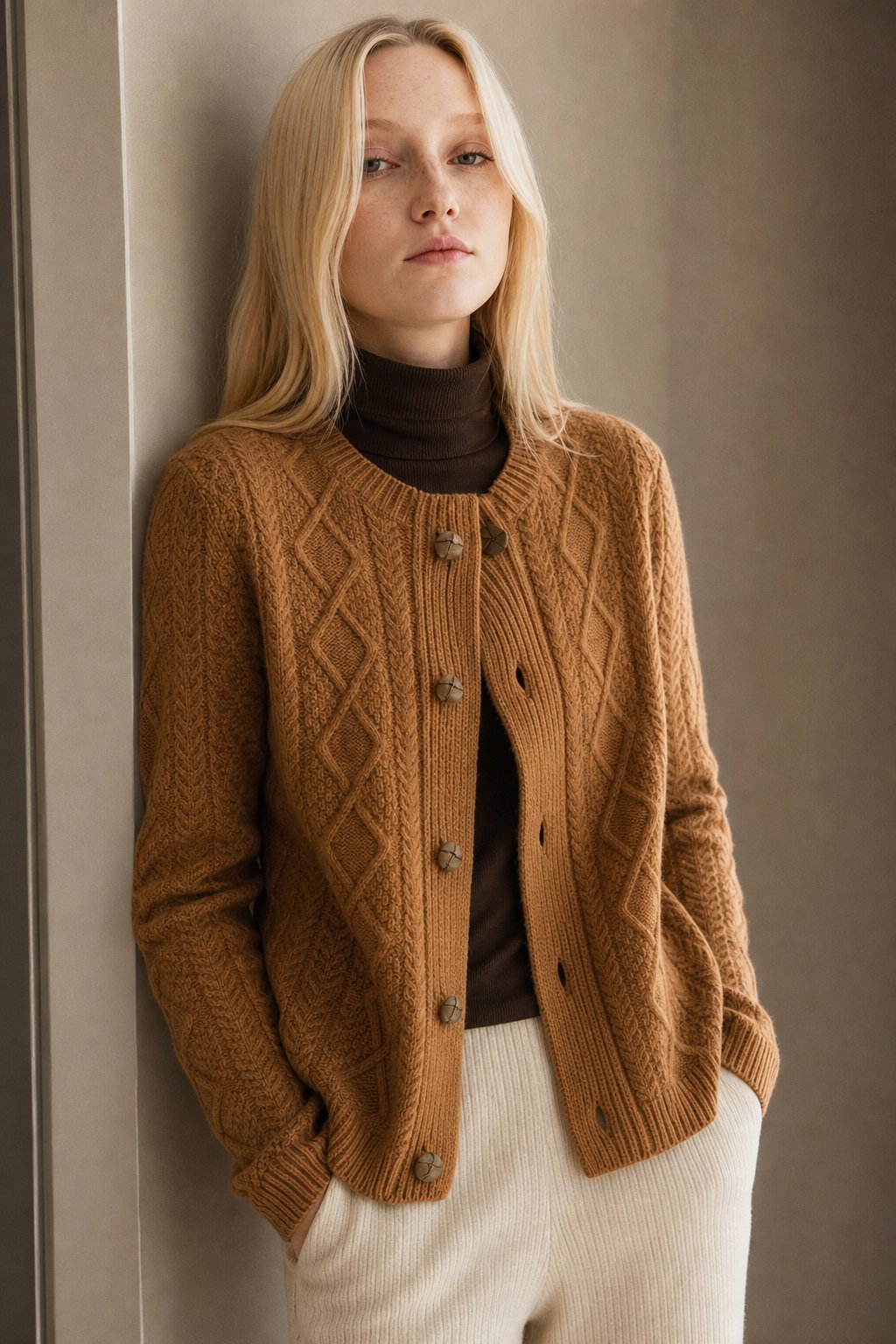 Perrine | Aran Diamond Cable Knit Button Front Cardigan - View 3