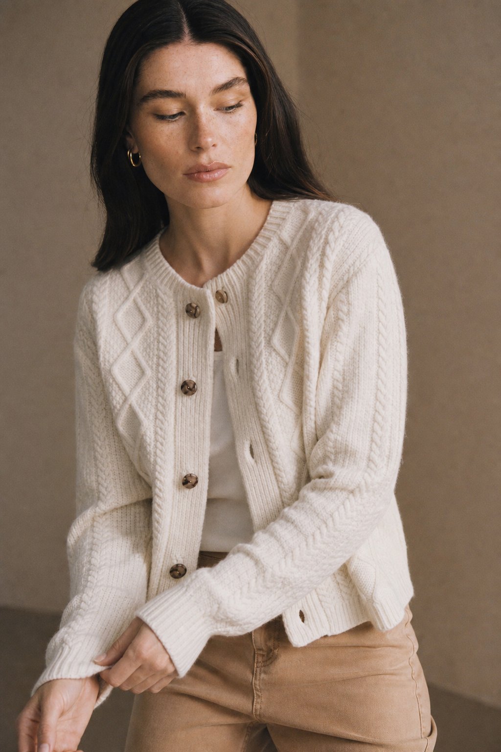 Perrine | Aran Diamond Cable Knit Button Front Cardigan - View 4
