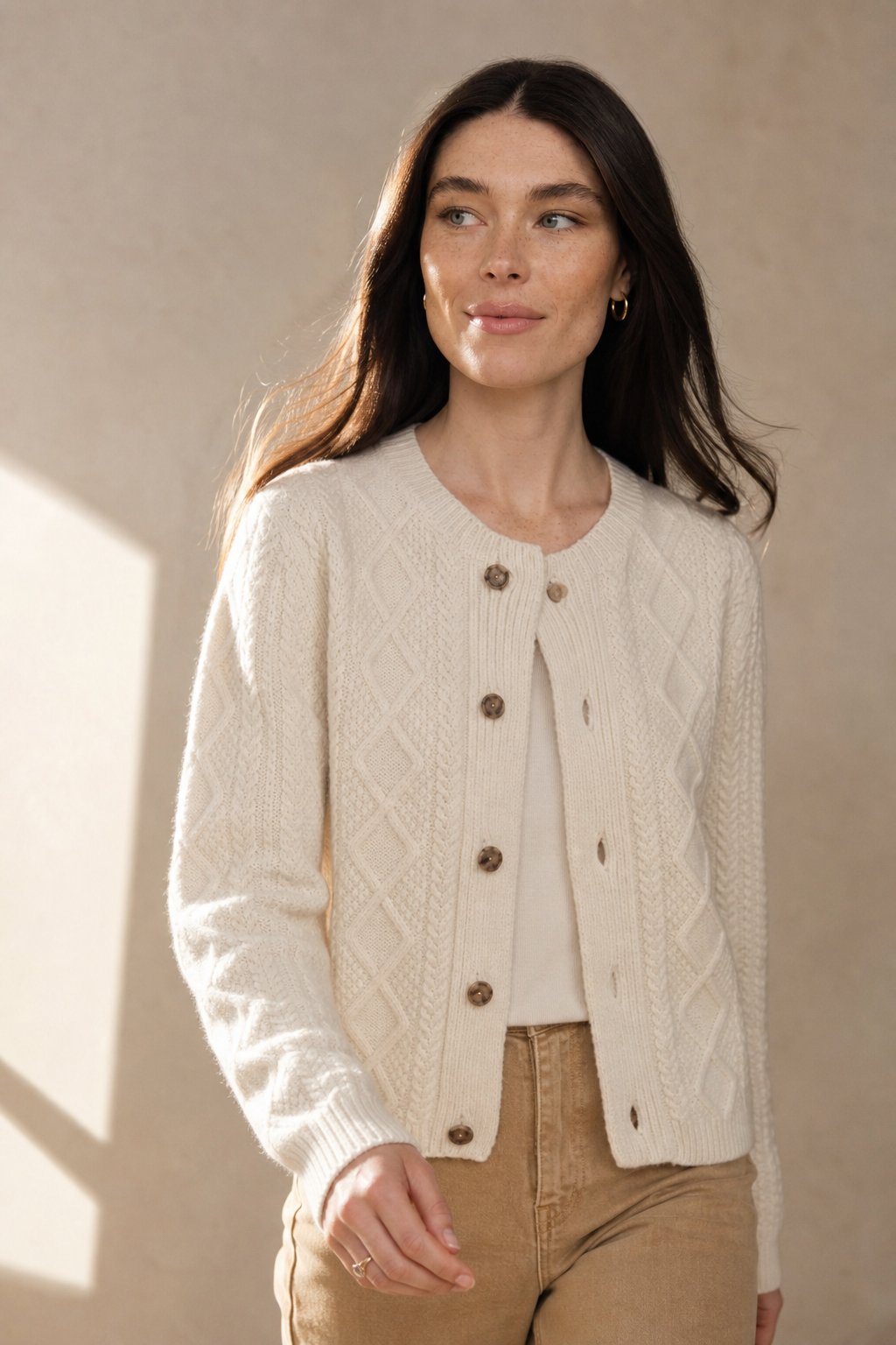 Perrine | Aran Diamond Cable Knit Button Front Cardigan - View 5