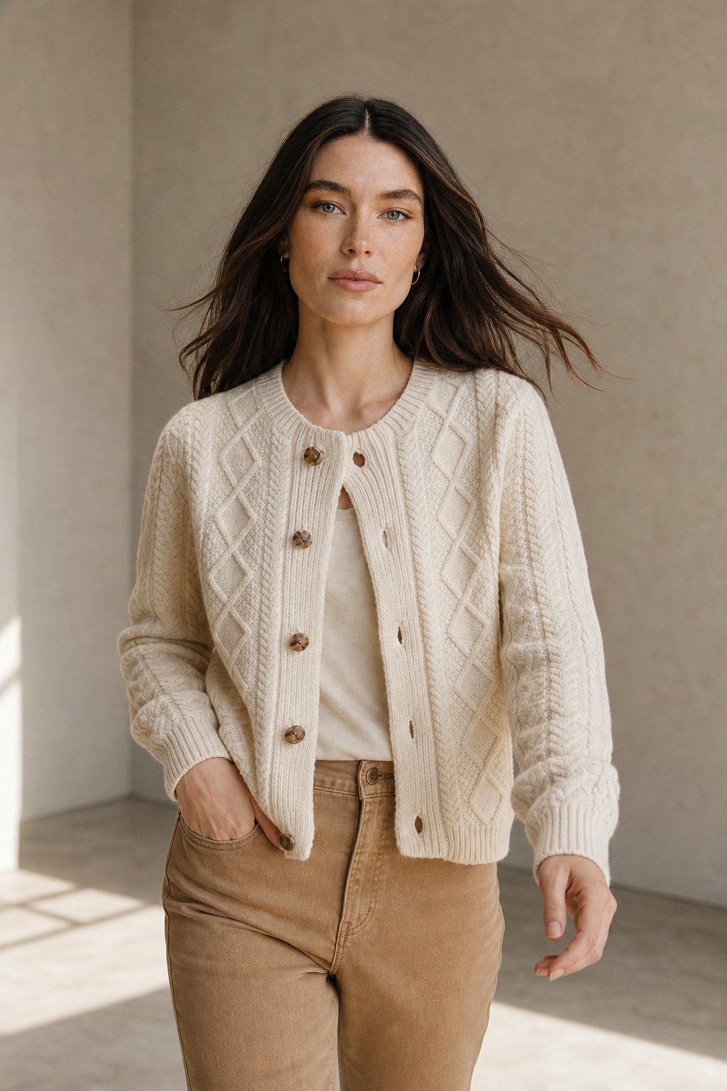 Perrine | Aran Diamond Cable Knit Button Front Cardigan - View 6