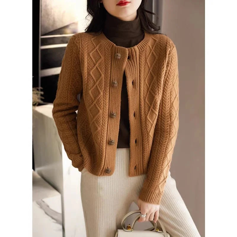 Perrine | Aran Diamond Cable Knit Button Front Cardigan - View 7