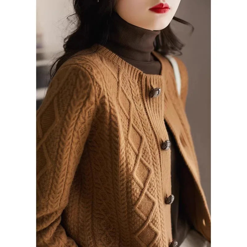Perrine | Aran Diamond Cable Knit Button Front Cardigan - View 8