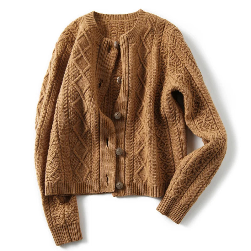 Perrine | Aran Diamond Cable Knit Button Front Cardigan - View 9