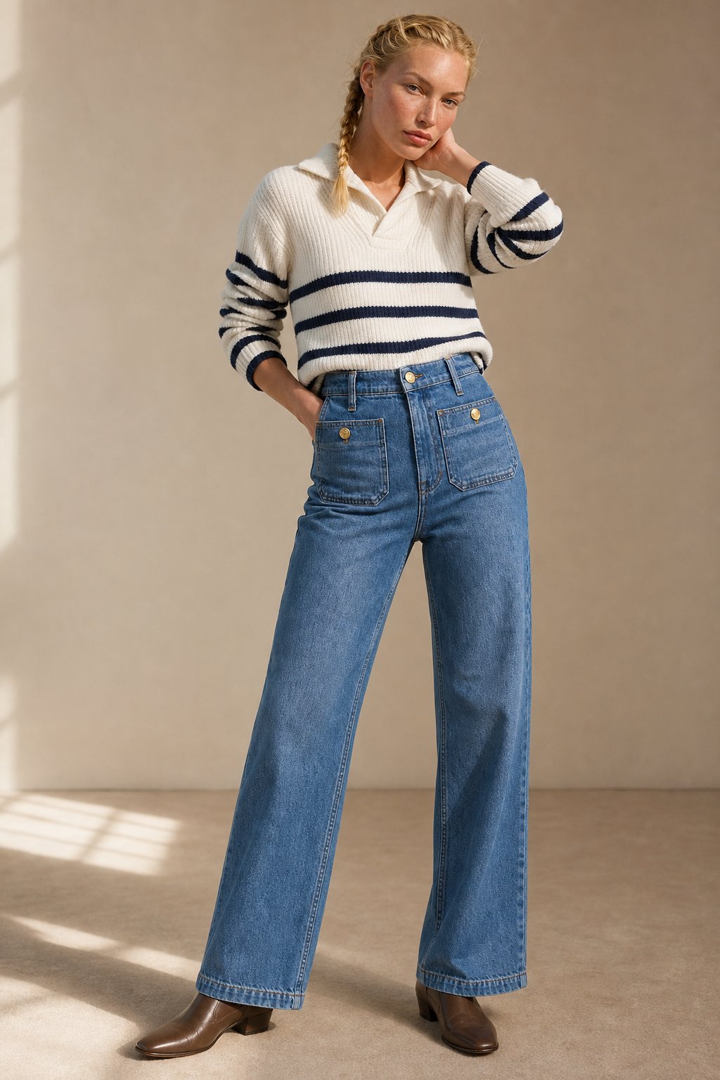 Petra | Patch Pocket High Waist Wide Leg Sailor Jeans - View 4