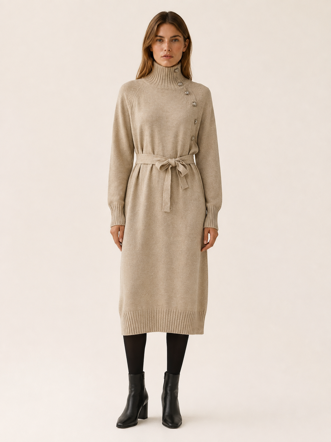 Pia | Asymmetric Button Roll Neck Tie Waist Knit Midi Dress