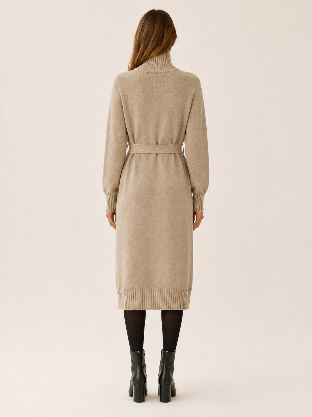 Pia | Asymmetric Button Roll Neck Tie Waist Knit Midi Dress - View 2