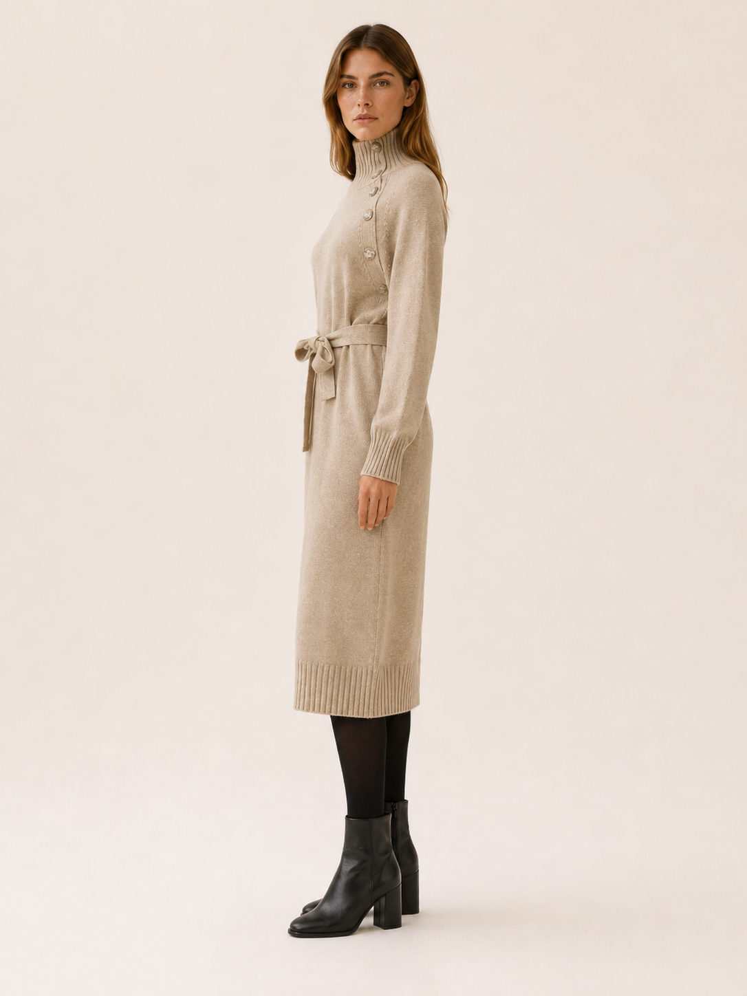 Pia | Asymmetric Button Roll Neck Tie Waist Knit Midi Dress - View 3