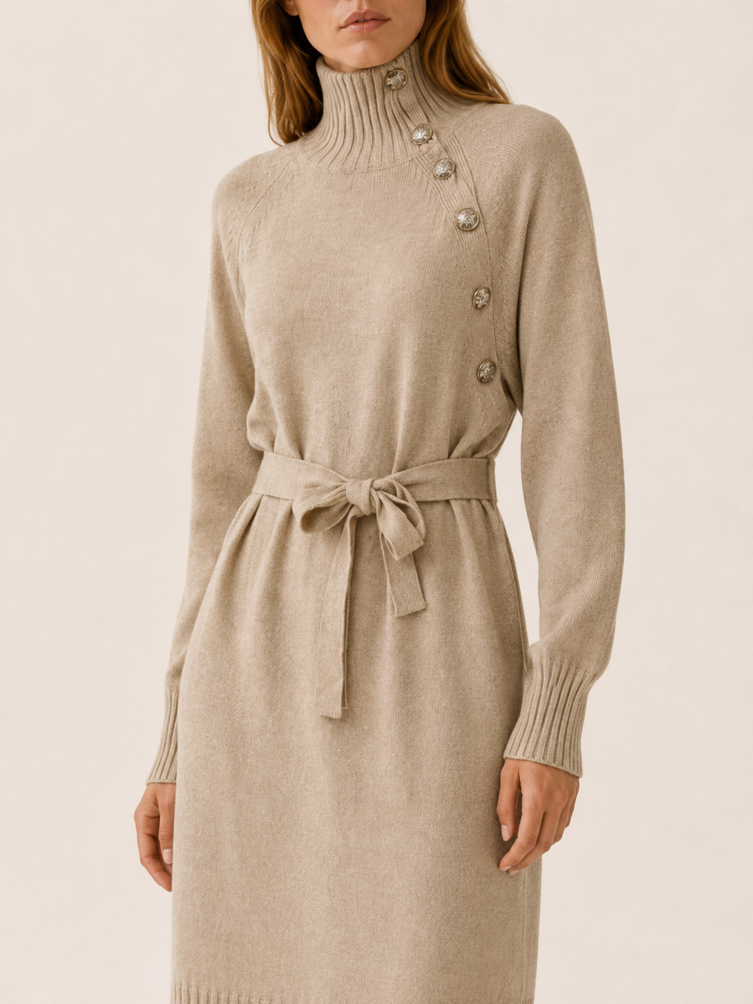 Pia | Asymmetric Button Roll Neck Tie Waist Knit Midi Dress - View 4
