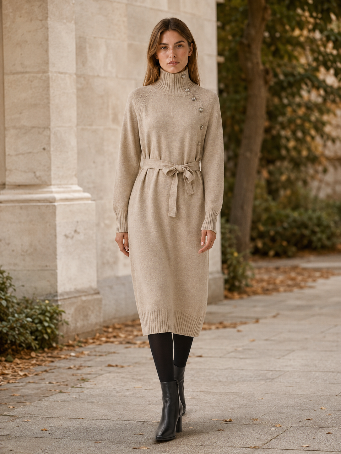 Pia | Asymmetric Button Roll Neck Tie Waist Knit Midi Dress - View 5