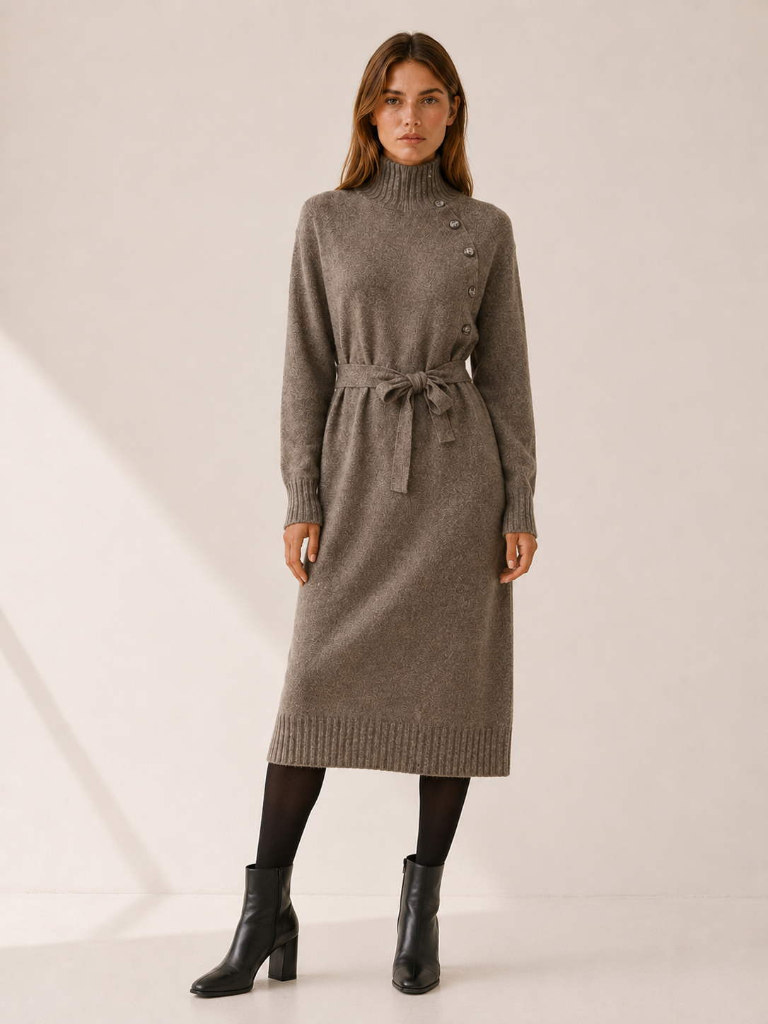 Pia | Asymmetric Button Roll Neck Tie Waist Knit Midi Dress - View 6