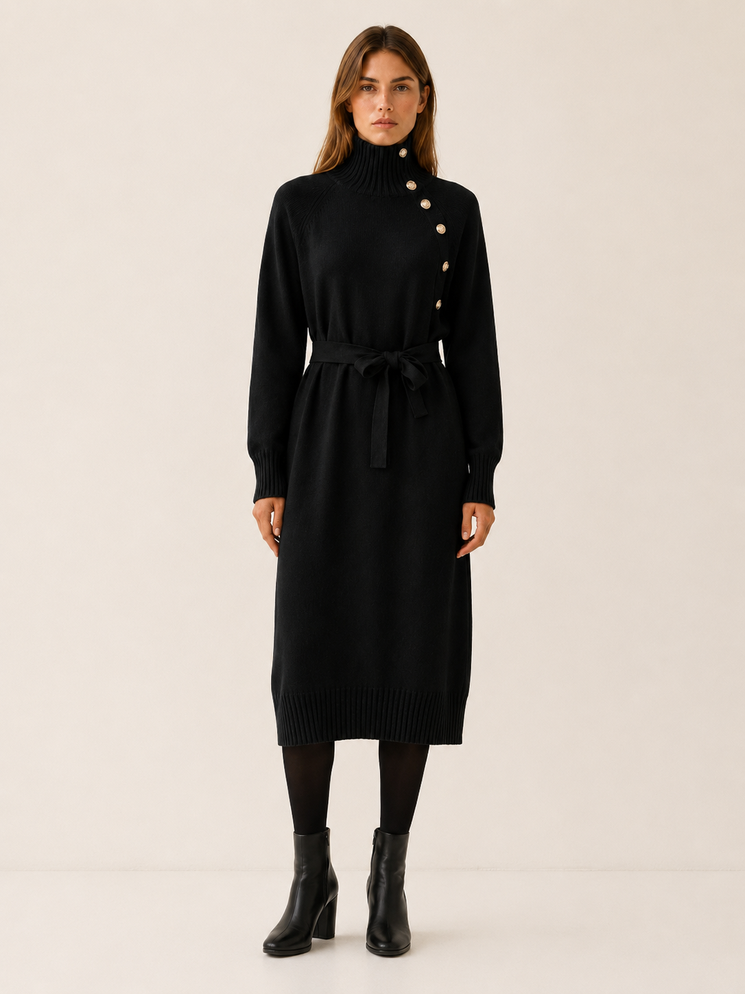 Pia | Asymmetric Button Roll Neck Tie Waist Knit Midi Dress - View 7