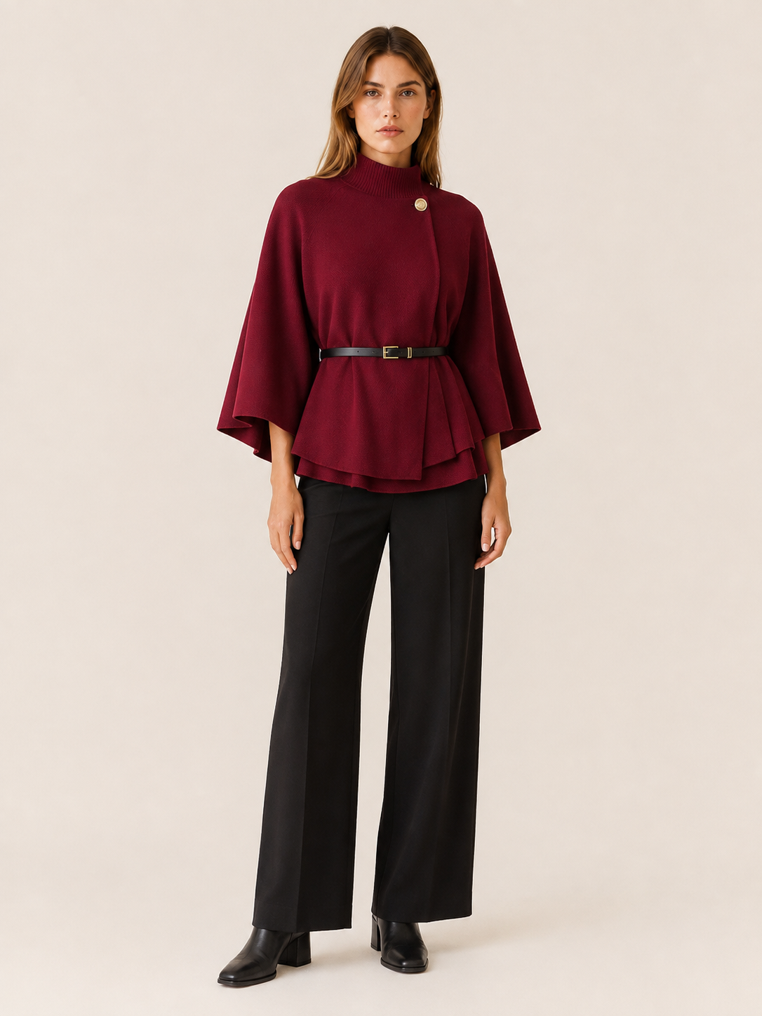 Priya | High Collar Button Neck Tiered Hem Knit Cape