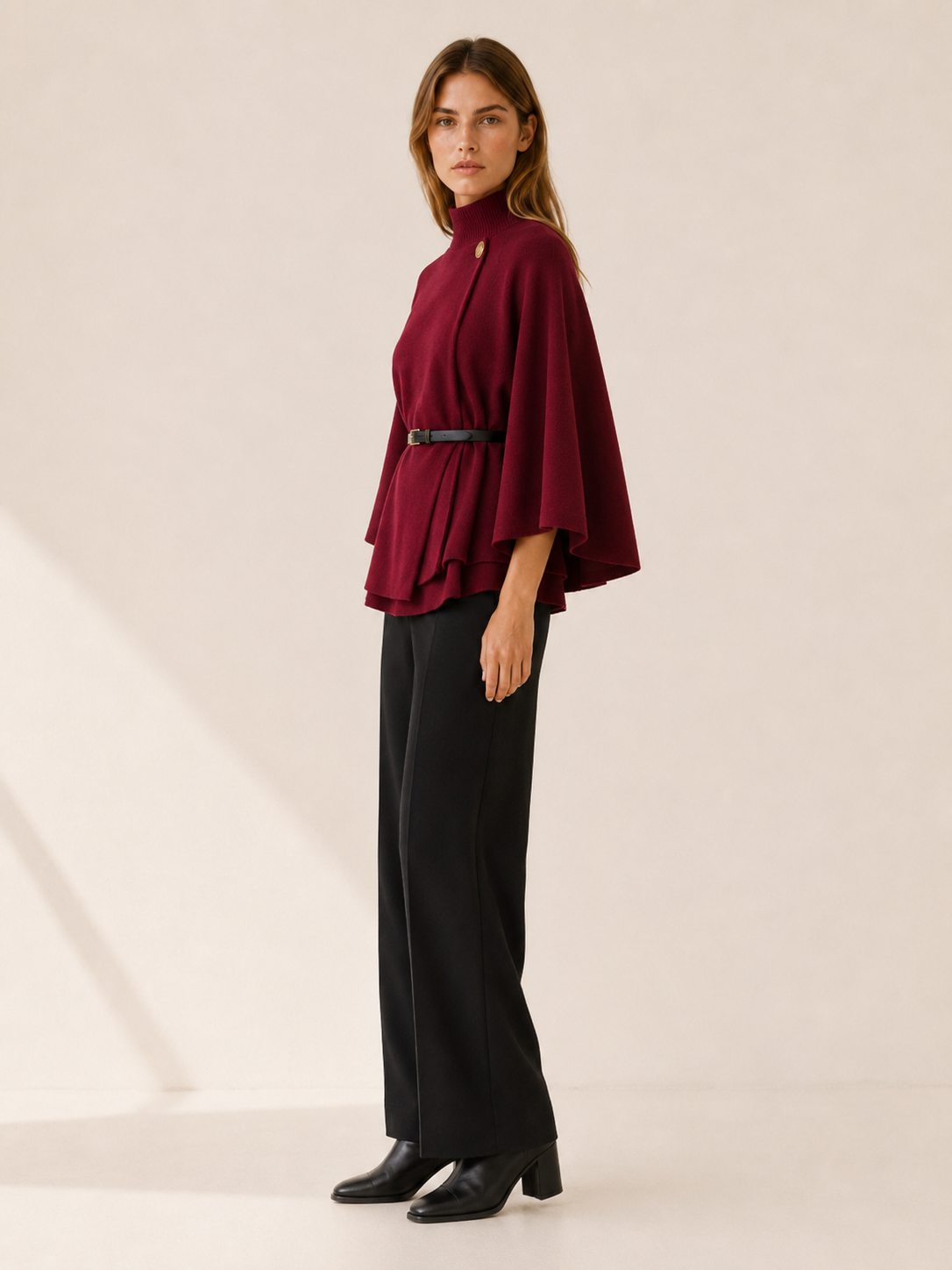 Priya | High Collar Button Neck Tiered Hem Knit Cape - View 2