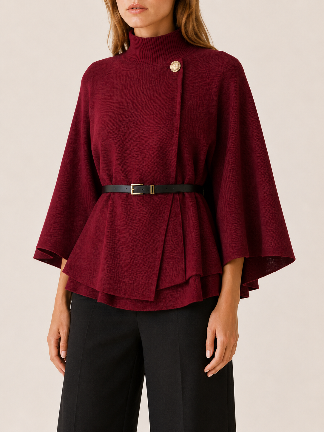 Priya | High Collar Button Neck Tiered Hem Knit Cape - View 3