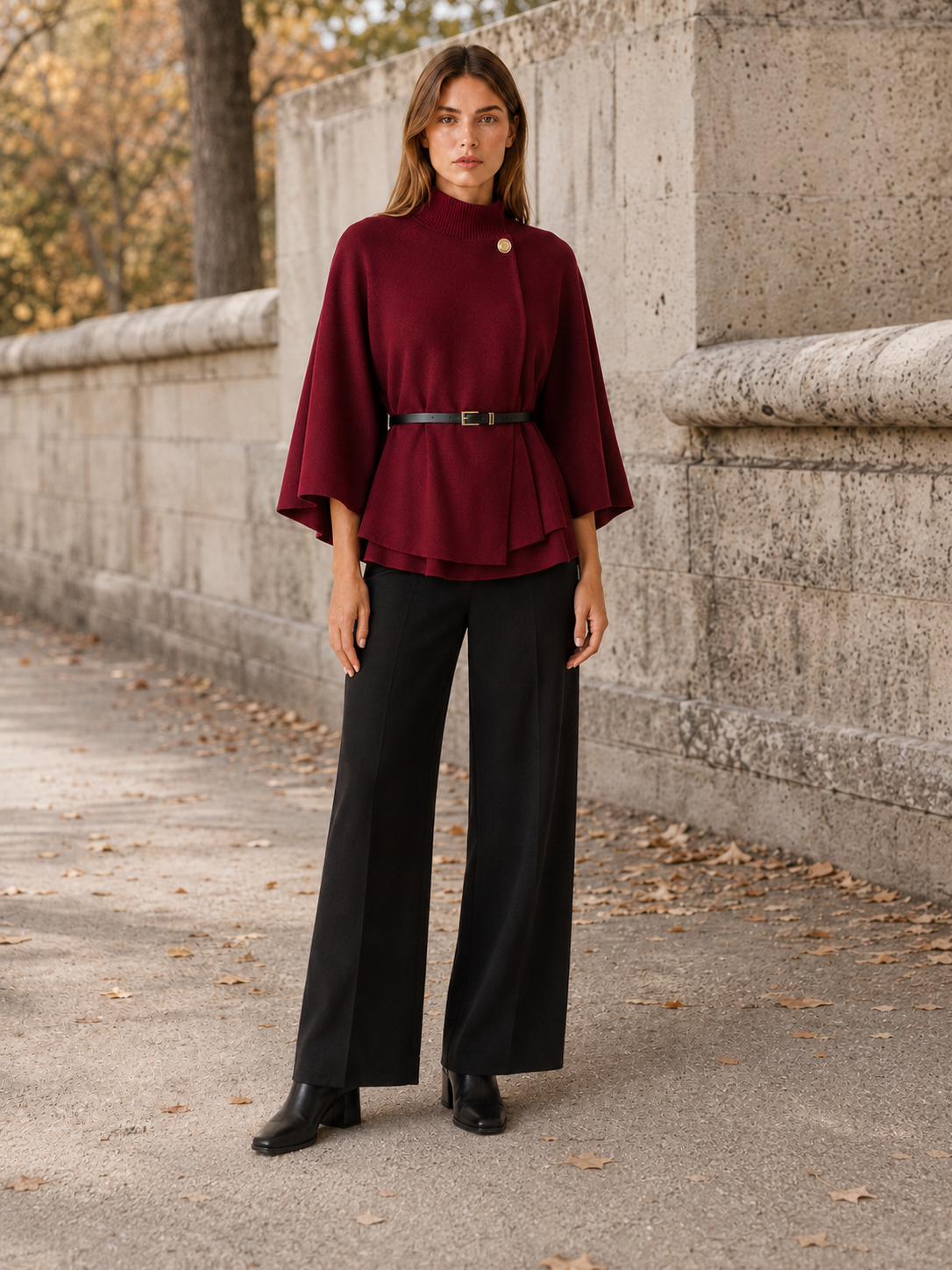 Priya | High Collar Button Neck Tiered Hem Knit Cape - View 4