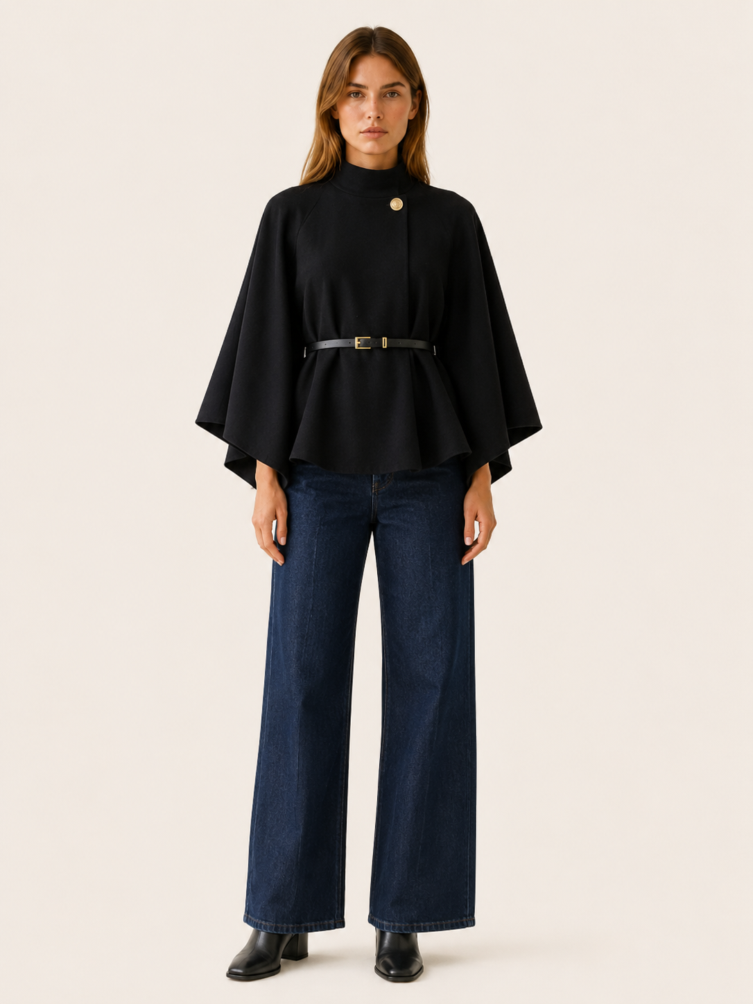 Priya | High Collar Button Neck Tiered Hem Knit Cape - View 5