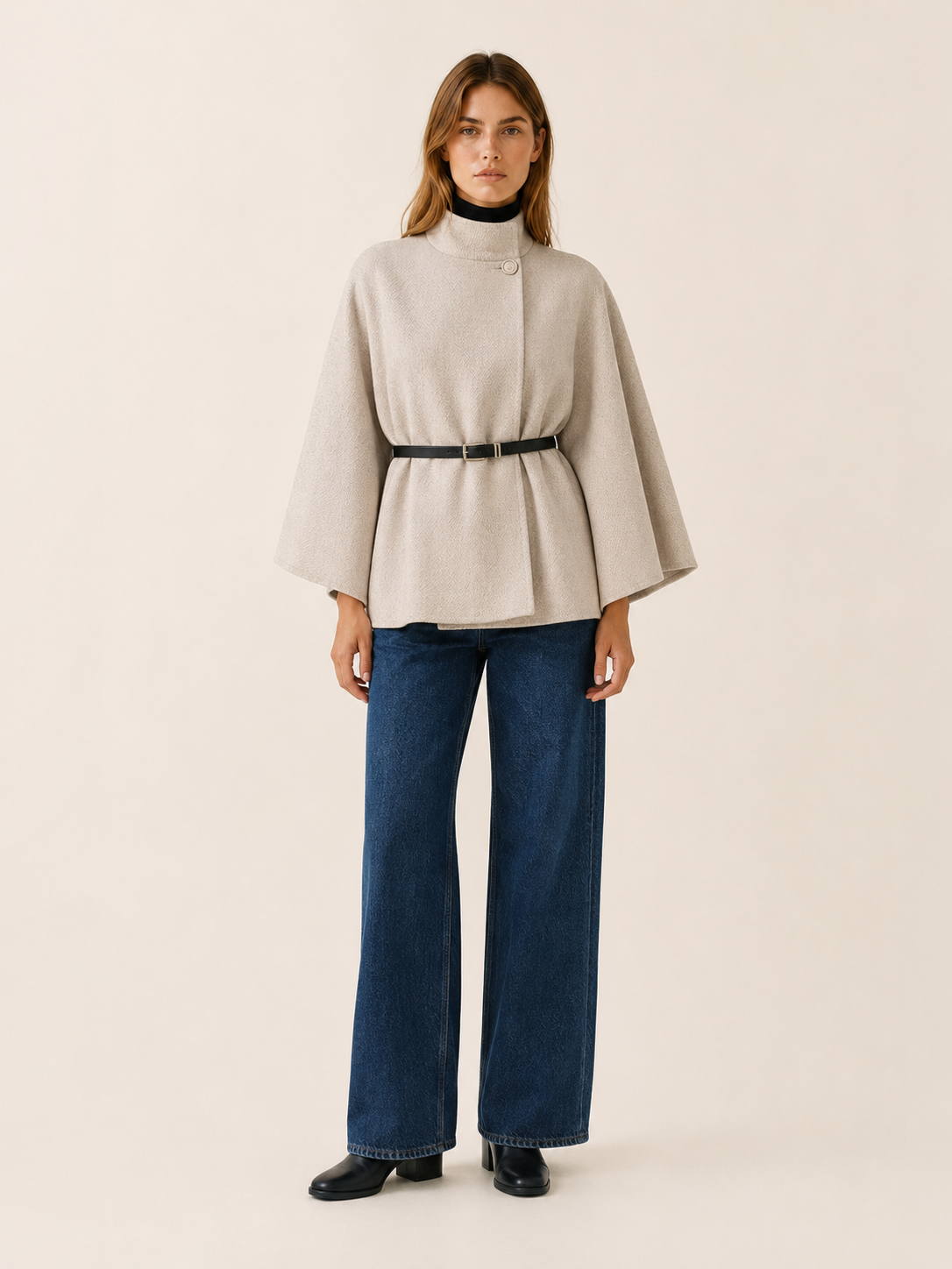 Priya | High Collar Button Neck Tiered Hem Knit Cape - View 6