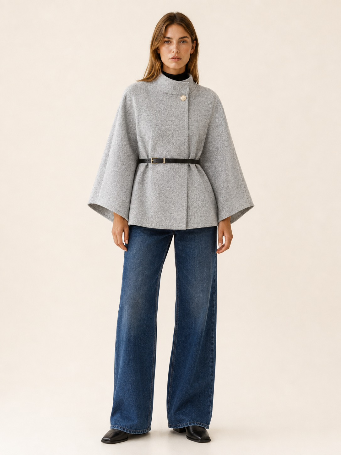 Priya | High Collar Button Neck Tiered Hem Knit Cape - View 7