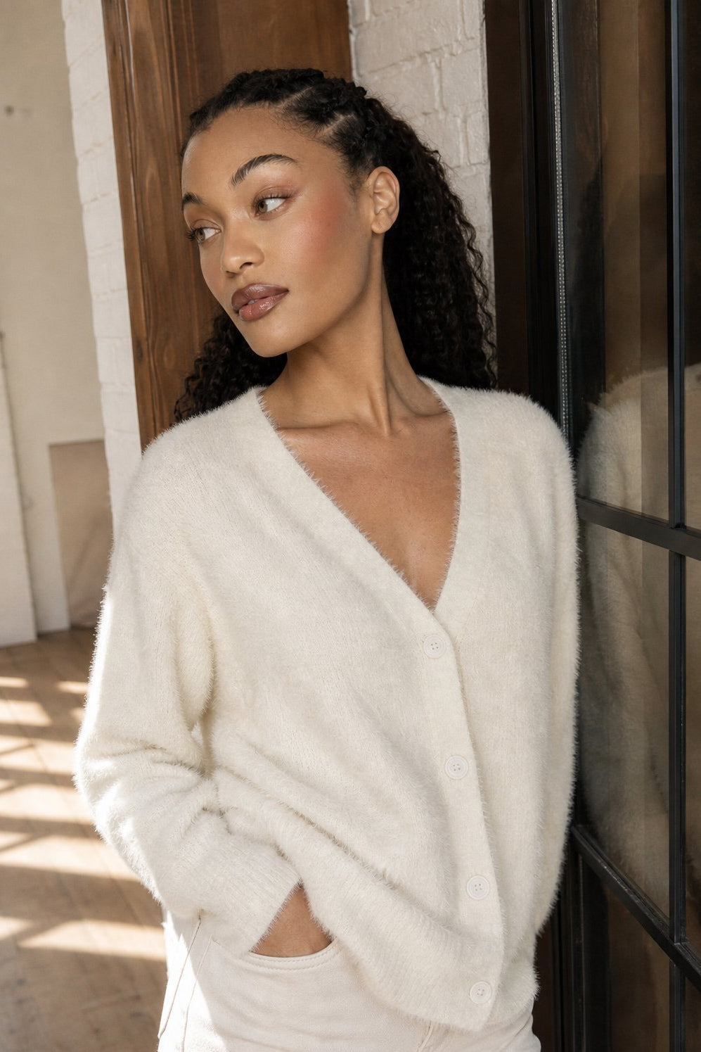 Quilla | Fluffy Eyelash Knit V Neck Button Cardigan - View 3