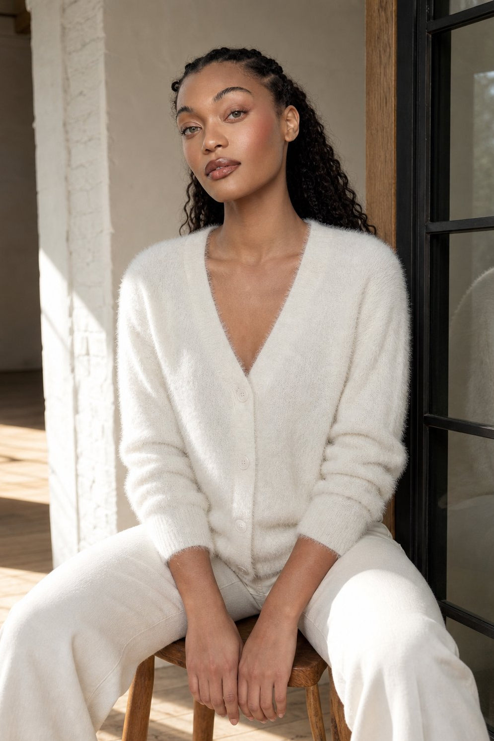 Quilla | Fluffy Eyelash Knit V Neck Button Cardigan - View 5