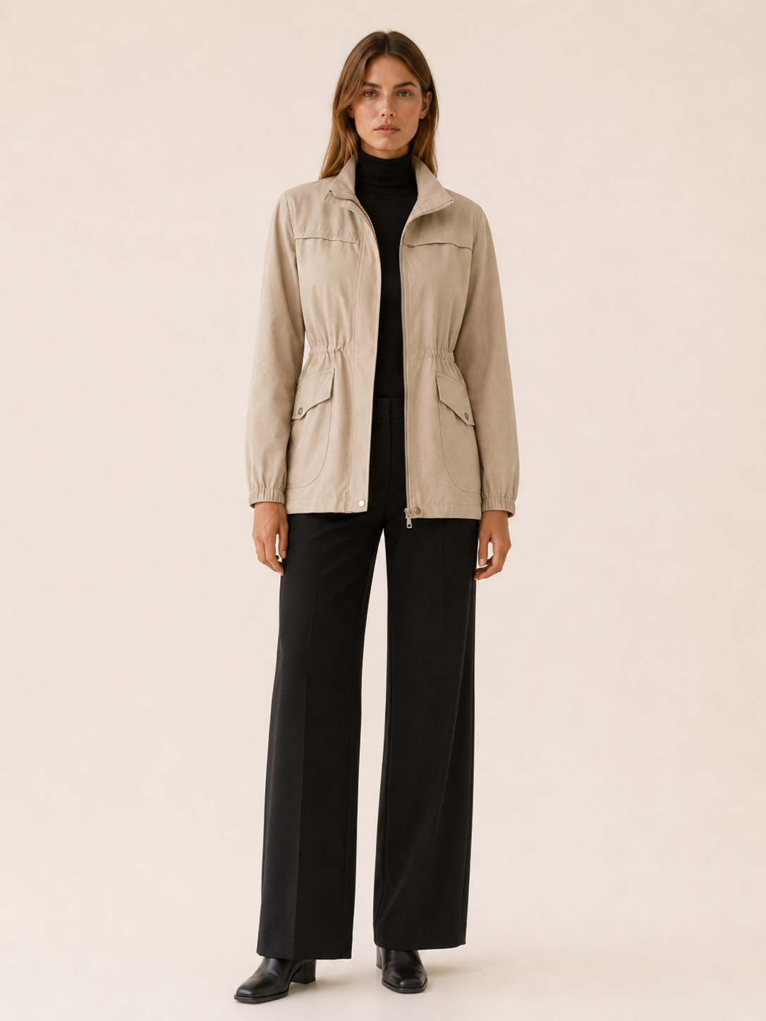 Quinn | Stand Collar Drawstring Waist Zip Field Jacket