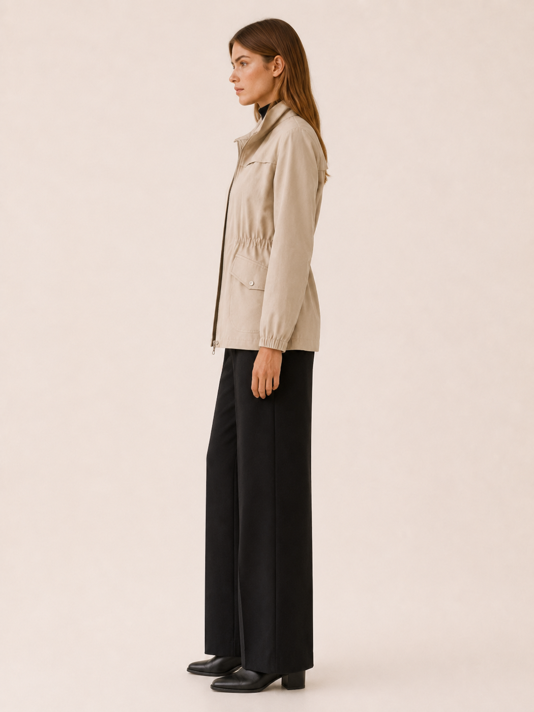 Quinn | Stand Collar Drawstring Waist Zip Field Jacket - View 3