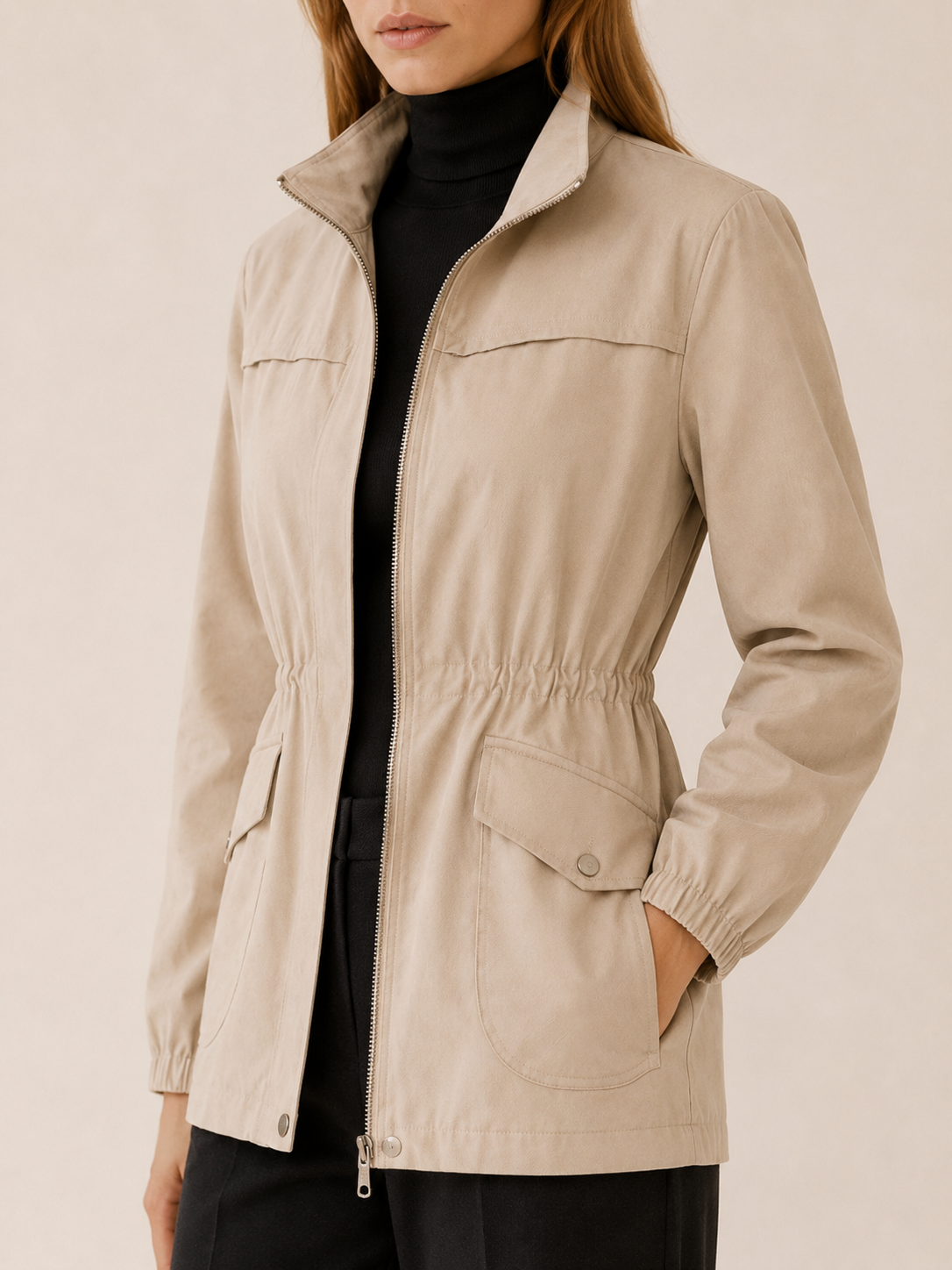Quinn | Stand Collar Drawstring Waist Zip Field Jacket - View 4