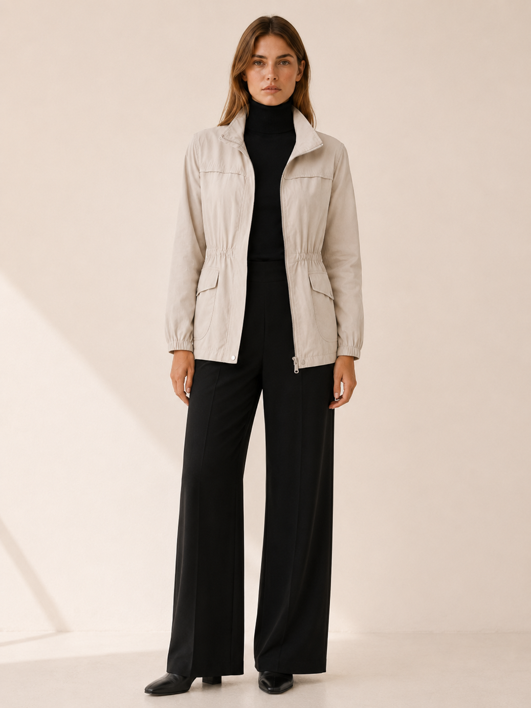 Quinn | Stand Collar Drawstring Waist Zip Field Jacket - View 6