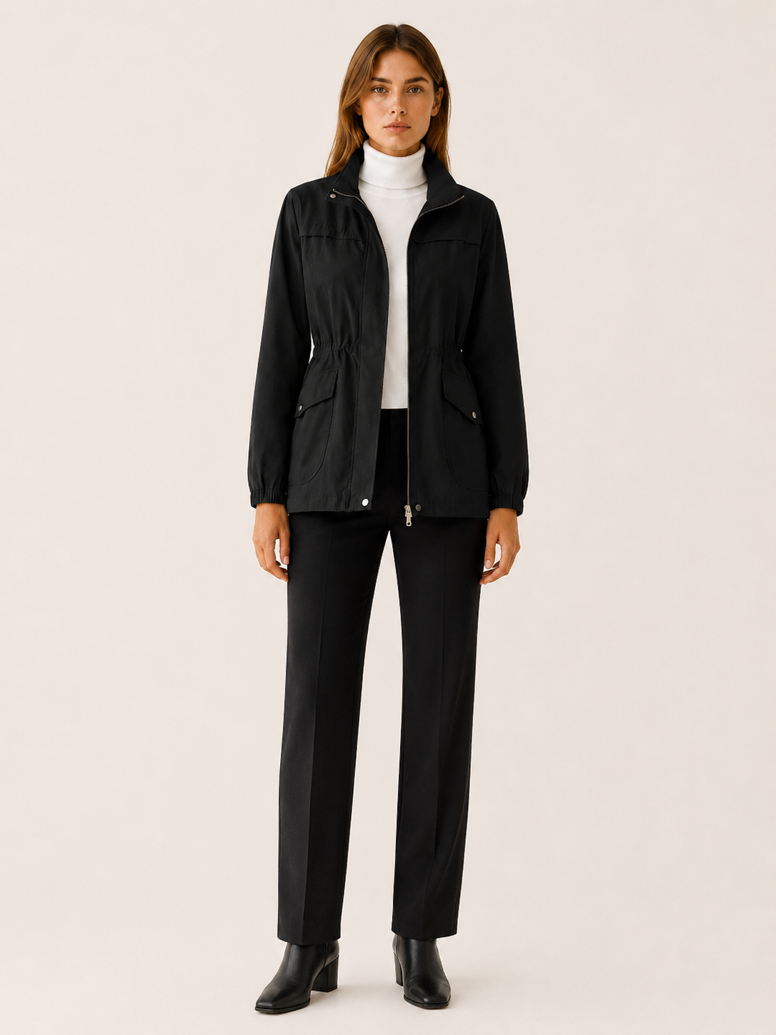 Quinn | Stand Collar Drawstring Waist Zip Field Jacket - View 9