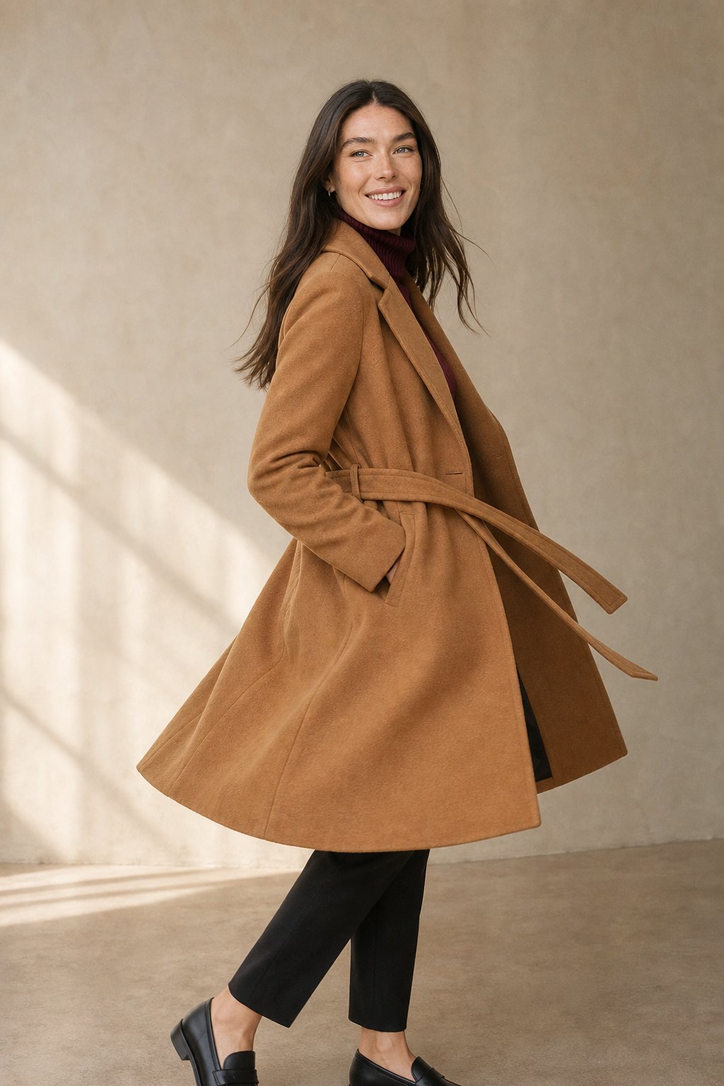 Rhona | Notch Lapel Self Belted Flared Wool Coat