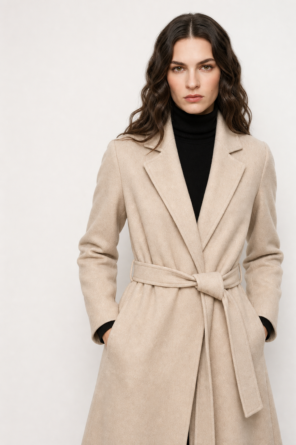 Rhona | Notch Lapel Self Belted Flared Wool Coat - View 10