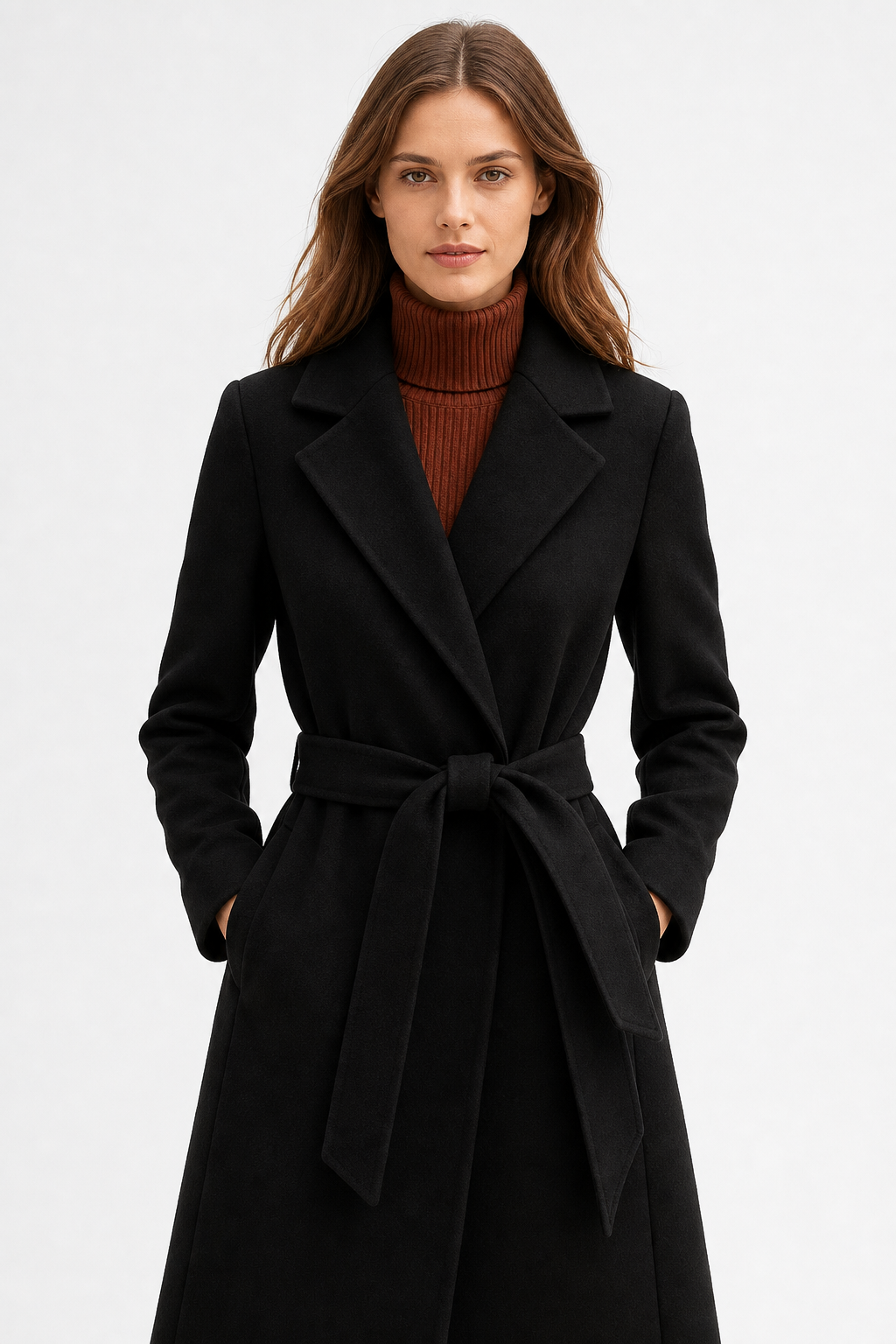 Rhona | Notch Lapel Self Belted Flared Wool Coat - View 11