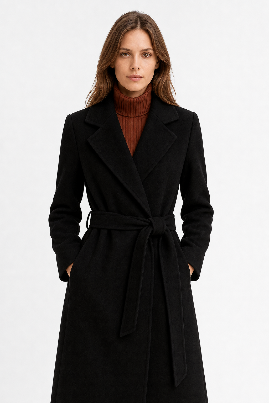 Rhona | Notch Lapel Self Belted Flared Wool Coat - View 12