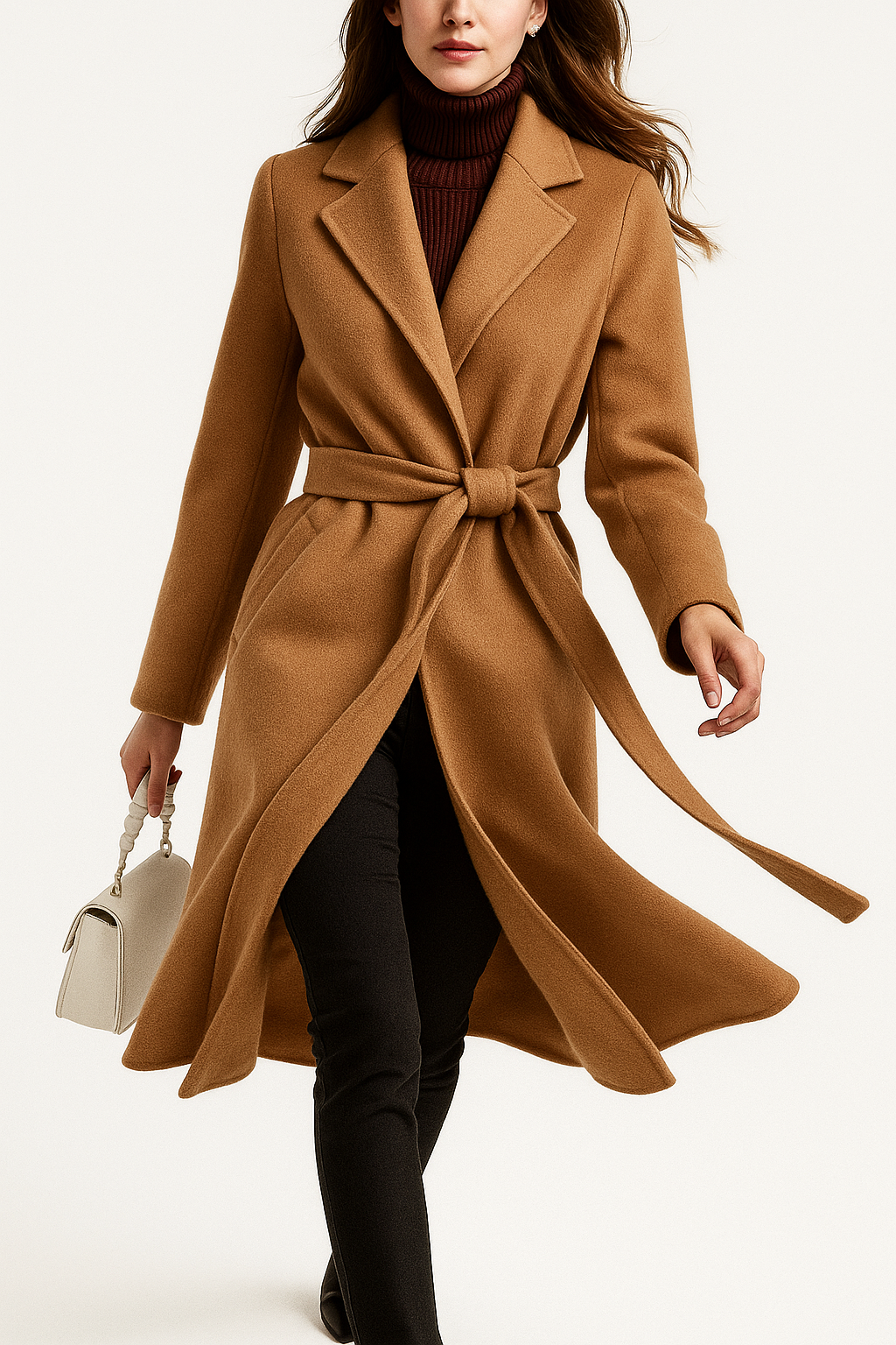 Rhona | Notch Lapel Self Belted Flared Wool Coat - View 13