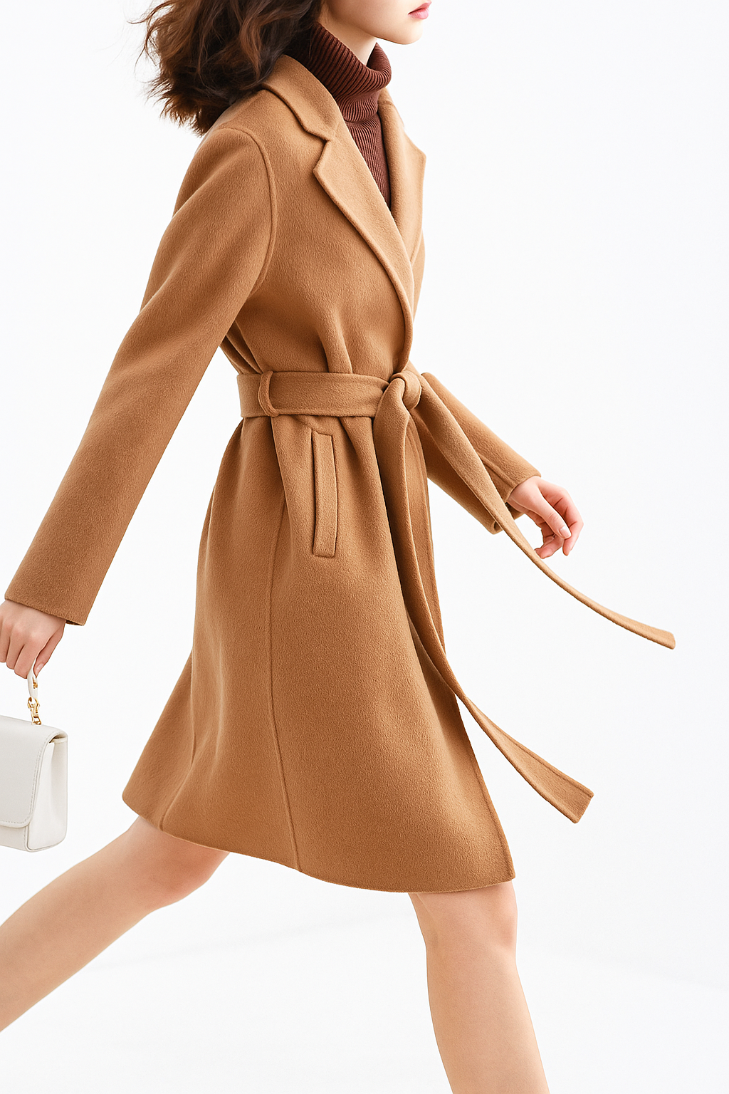 Rhona | Notch Lapel Self Belted Flared Wool Coat - View 14