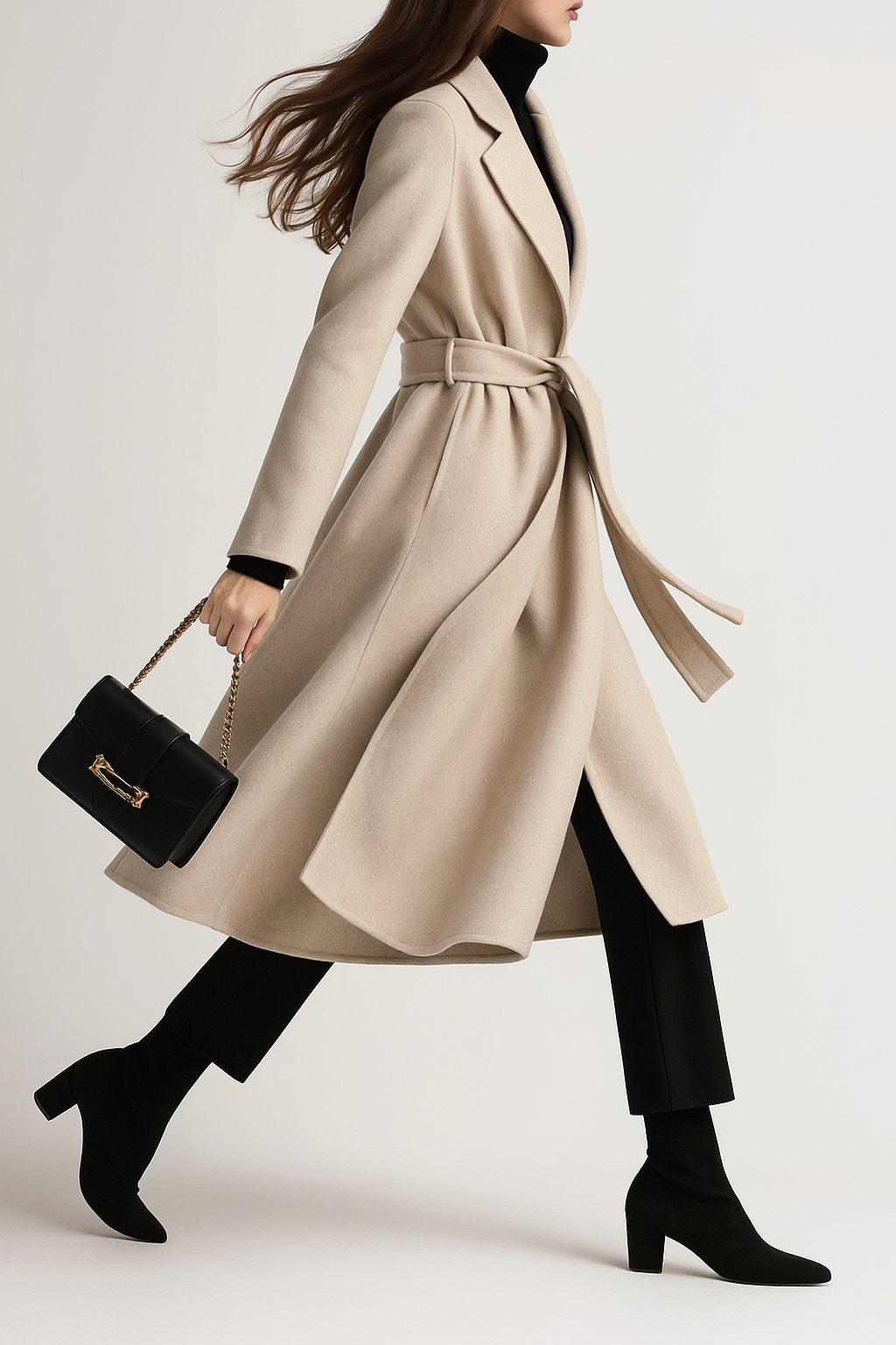 Rhona | Notch Lapel Self Belted Flared Wool Coat - View 16