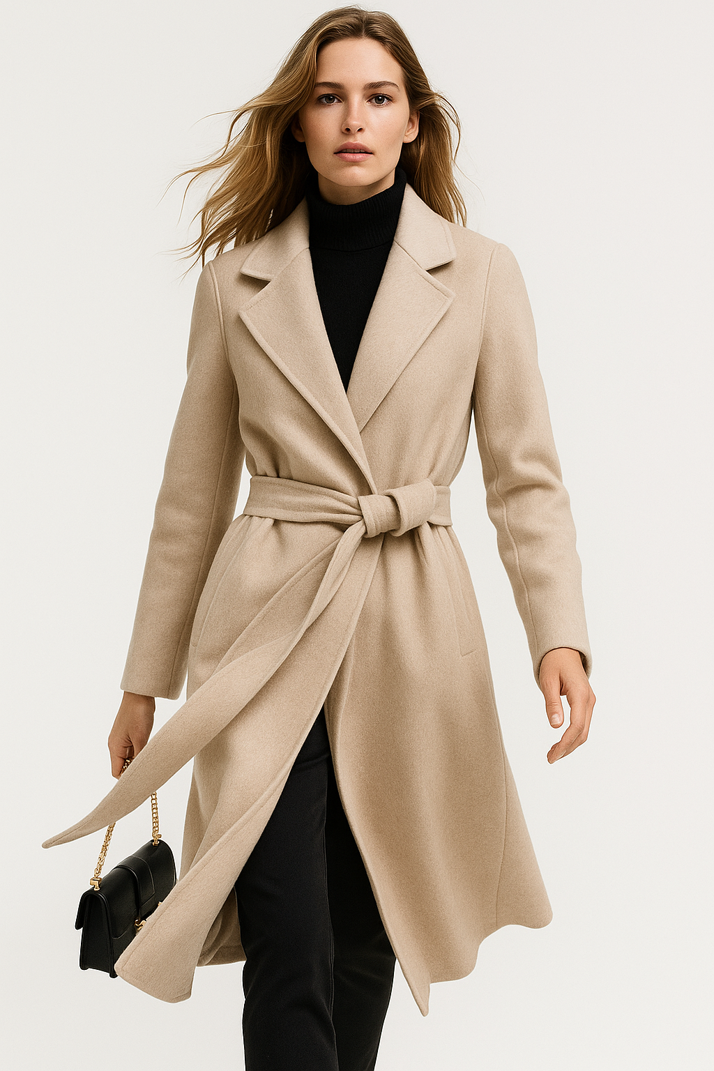 Rhona | Notch Lapel Self Belted Flared Wool Coat - View 17